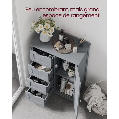 Meuble Salle De Bain Rangement, Avec 4 Tiroirs, Placard Avec Porte, Étagère Réglable, Gris Mystique
