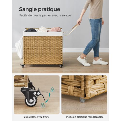 Panier à Linge avec Couvercle et Roulettes, 160 L, Sac Intérieur Amovible, 76 x 33 x 66 cm, Naturel