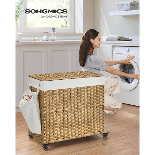 Panier à Linge avec Couvercle et Roulettes, 160 L, Sac Intérieur Amovible, 76 x 33 x 66 cm, Naturel