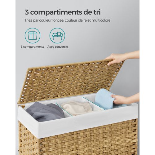 Panier à Linge avec Couvercle et Roulettes, 160 L, Sac Intérieur Amovible, 76 x 33 x 66 cm, Naturel