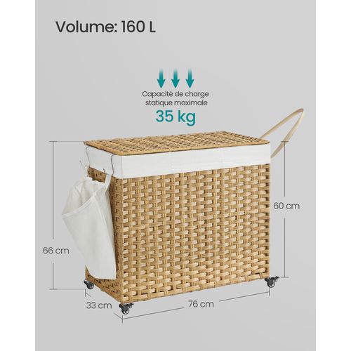 Panier à Linge avec Couvercle et Roulettes, 160 L, Sac Intérieur Amovible, 76 x 33 x 66 cm, Naturel