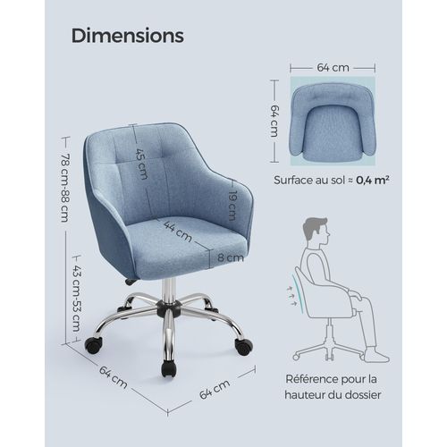 Chaise Dactylo Confortable, Siège Ergonomique, Réglable En Hauteur - Bleu