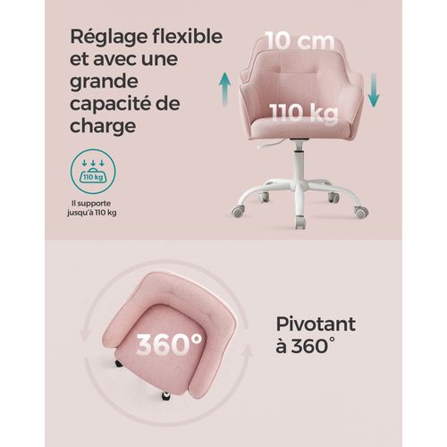 Chaise De Bureau, Réglable En Hauteur, Capacité De Charge 110 Kg, Rose