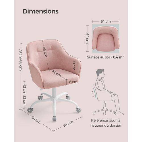Chaise De Bureau, Réglable En Hauteur, Capacité De Charge 110 Kg, Rose