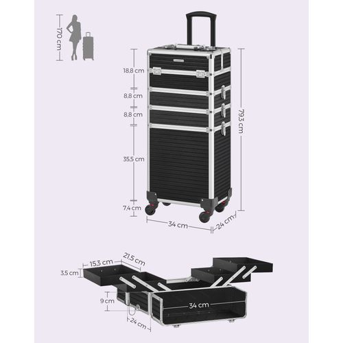 Valise De Maquillage Professionnel 4-en-1, Mallette Cosmétique, XXL, 34 X 24 X 79,3 Cm, Noir