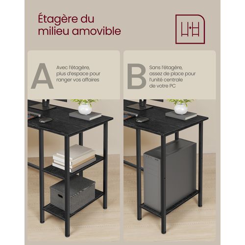 Bureau Avec Rangement, Bureau D'angle En L, Poste De Travail Avec 2 étagères, Noir Boisé
