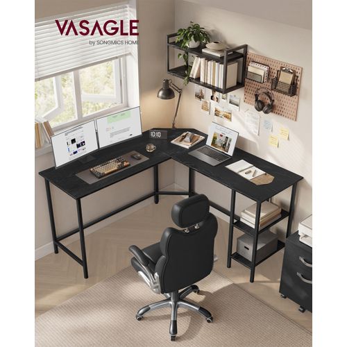Bureau Avec Rangement, Bureau D'angle En L, Poste De Travail Avec 2 étagères, Noir Boisé
