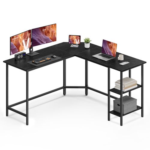 Bureau Avec Rangement, Bureau D'angle En L, Poste De Travail Avec 2 étagères, Noir Boisé