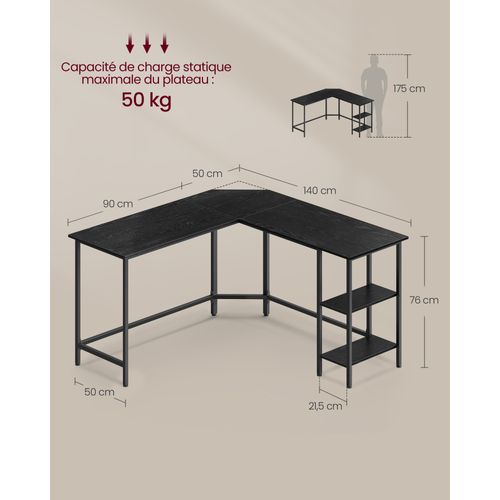 Bureau Avec Rangement, Bureau D'angle En L, Poste De Travail Avec 2 étagères, Noir Boisé