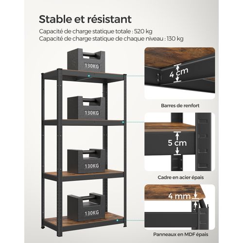 étagère De Rangement à 4 Niveaux, 40 X 80 X 160 Cm, Capacité 520 Kg, Marron Rustique Et Noir