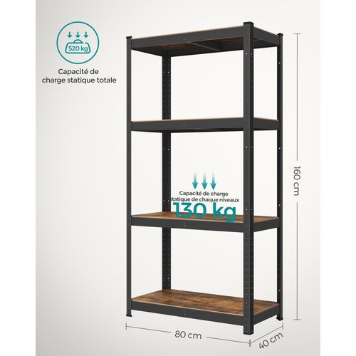 étagère De Rangement à 4 Niveaux, 40 X 80 X 160 Cm, Capacité 520 Kg, Marron Rustique Et Noir