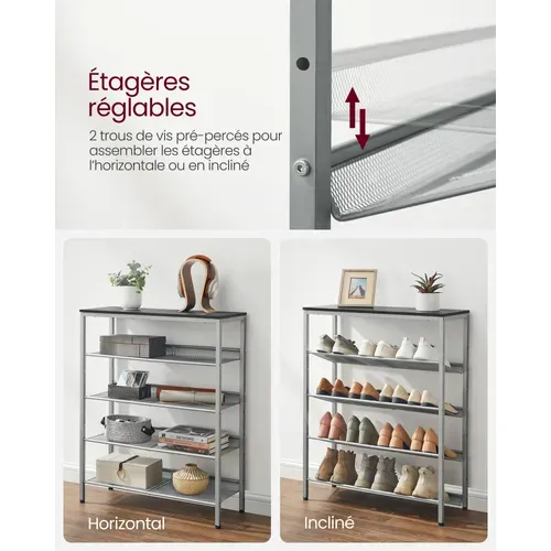 étagère Chaussure 5 Niveaux, Avec étagères Grillagées Réglables Et Large Dessus, Noir Et Argent