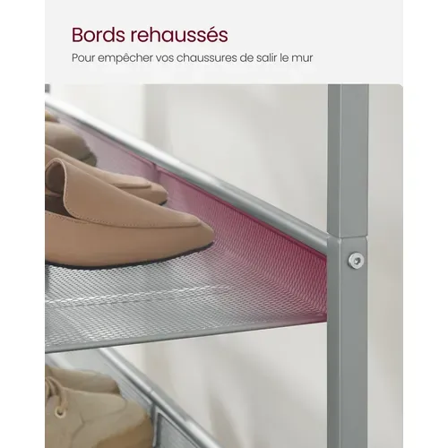 étagère Chaussure 5 Niveaux, Avec étagères Grillagées Réglables Et Large Dessus, Noir Et Argent
