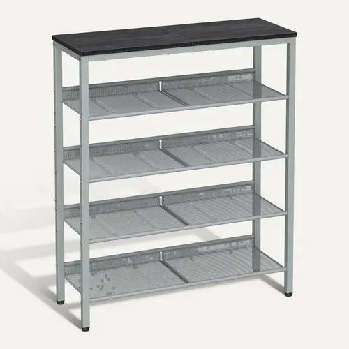étagère Chaussure 5 Niveaux, Avec étagères Grillagées Réglables Et Large Dessus, Noir Et Argent