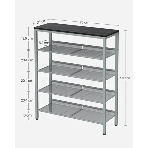 étagère Chaussure 5 Niveaux, Avec étagères Grillagées Réglables Et Large Dessus, Noir Et Argent
