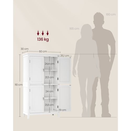Armoire De Salle De Bain, Placard De Cuisine Avec 4 Portes, 60 X 30 X 110 Cm, Blanc