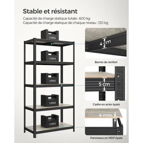 Étagère De Rangement à 5 Niveaux, 50 X 100 X 200 Cm, Capacité 600 Kg, Grège Et Noir