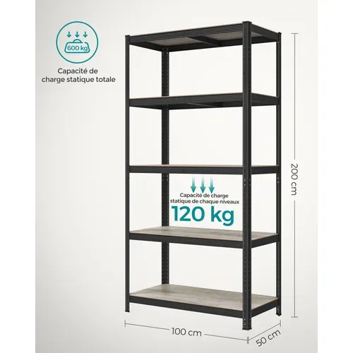 Étagère De Rangement à 5 Niveaux, 50 X 100 X 200 Cm, Capacité 600 Kg, Grège Et Noir