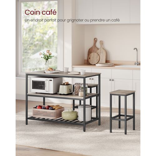 Îlot De Cuisine Avec Grand Plan De Travail, Étagère De Cuisine à 3 Niveaux, Grège Et Noir