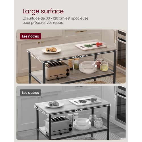 Îlot De Cuisine Avec Grand Plan De Travail, Étagère De Cuisine à 3 Niveaux, Grège Et Noir