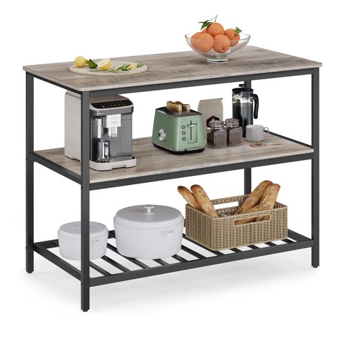 Îlot De Cuisine Avec Grand Plan De Travail, Étagère De Cuisine à 3 Niveaux, Grège Et Noir