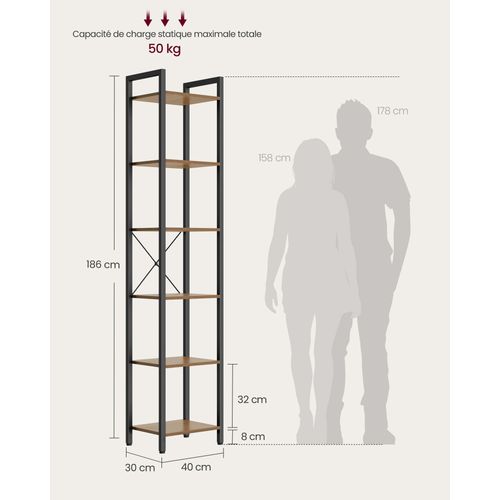 Étagère 6 Niveaux, 30 X 40 X 187,5 Cm, Style Industriel, Noisette Foncé Et Noir