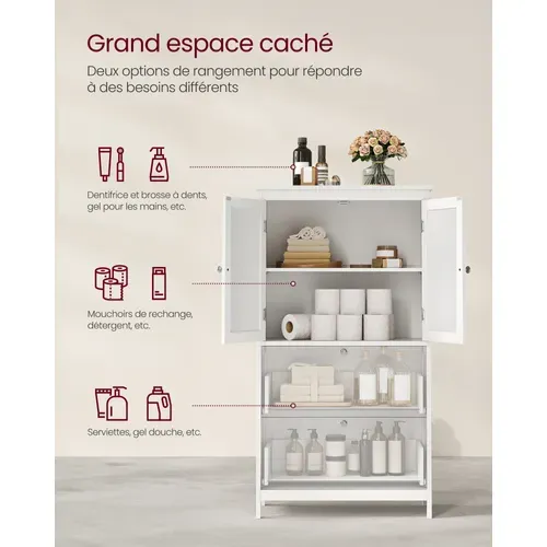 Armoire De Salle De Bain, Avec 2 Tiroirs Et 2 Portes, 60 X 30 X 110 Cm, Blanc