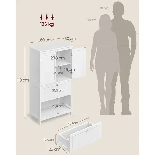 Armoire De Salle De Bain, Avec 2 Tiroirs Et 2 Portes, 60 X 30 X 110 Cm, Blanc