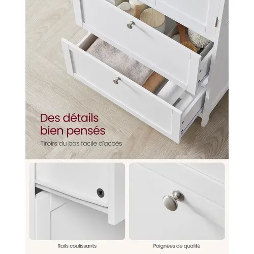 Armoire De Salle De Bain, Avec 2 Tiroirs Et 2 Portes, 60 X 30 X 110 Cm, Blanc