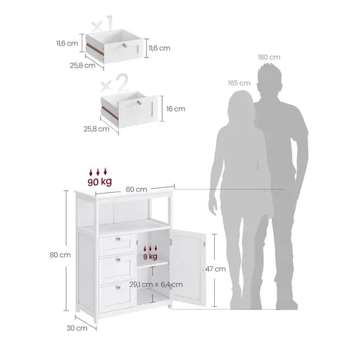 Meuble De Salle De Bain, Avec 3 Tiroirs, Étagères Réglables, 60 X 30 X 80 Cm -  Blanc
