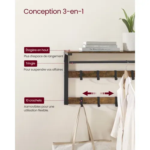 Porte-manteau Mural, Barre De Suspension, Pour Entrée, Chambre, Marron Rustique Et Noir