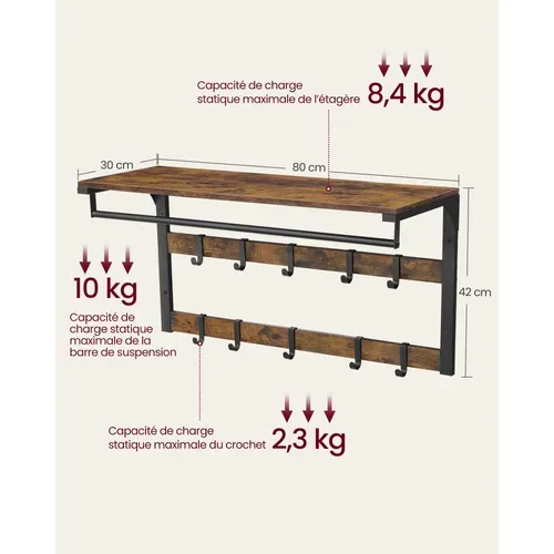 Porte-manteau Mural, Barre De Suspension, Pour Entrée, Chambre, Marron Rustique Et Noir