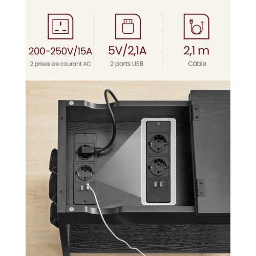 Table D’appoint, Petite Table De Chevet Avec Multiprise, Étroite, Avec Ports USB, Noir Boisé