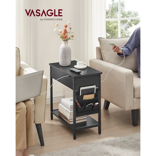 Table D’appoint, Petite Table De Chevet Avec Multiprise, Étroite, Avec Ports USB, Noir Boisé