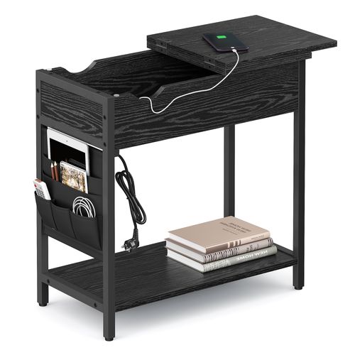 Table D’appoint, Petite Table De Chevet Avec Multiprise, Étroite, Avec Ports USB, Noir Boisé