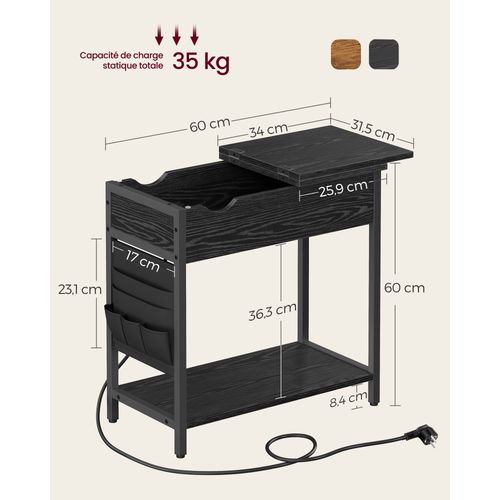 Table D’appoint, Petite Table De Chevet Avec Multiprise, Étroite, Avec Ports USB, Noir Boisé