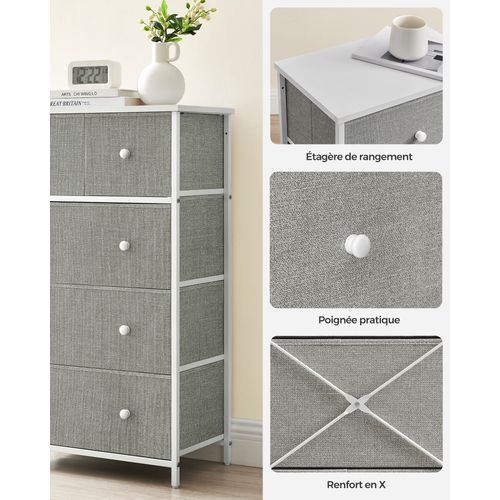Commodeavec 5 Tiroirs En Tissu, Style Industriel, 56 X 30 X 93 Cm, Gris Clair Et Blanc