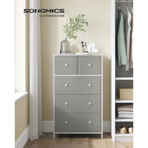 Commodeavec 5 Tiroirs En Tissu, Style Industriel, 56 X 30 X 93 Cm, Gris Clair Et Blanc