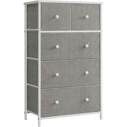 Commodeavec 5 Tiroirs En Tissu, Style Industriel, 56 X 30 X 93 Cm, Gris Clair Et Blanc