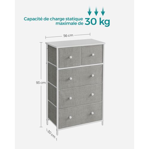 Commodeavec 5 Tiroirs En Tissu, Style Industriel, 56 X 30 X 93 Cm, Gris Clair Et Blanc