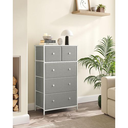 Commodeavec 5 Tiroirs En Tissu, Style Industriel, 56 X 30 X 93 Cm, Gris Clair Et Blanc