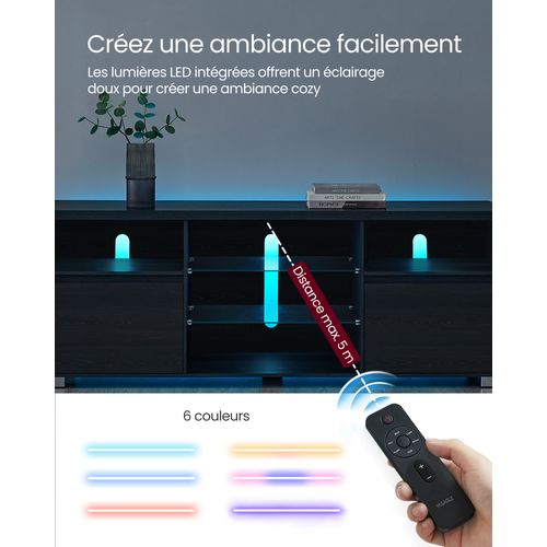 Meuble TV Noir Avec LED 20 Couleurs - Pour TV Jusqu'à 65" (Largeur ≤145cm), 134.8 X 35 X 44.5 Cm, Charge 50 Kg