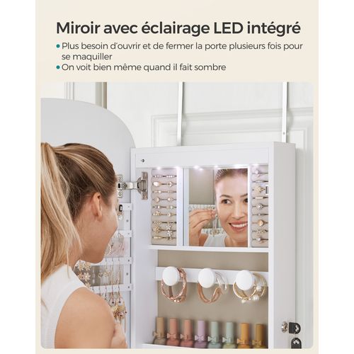 Armoire à Bijoux, Miroir Mural Avec LED Et Serrure, Surface Blanche Et Doublure Grise Beige