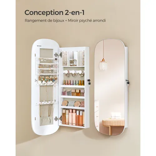 Armoire à Bijoux, Miroir Mural Avec LED Et Serrure, Surface Blanche Et Doublure Grise Beige