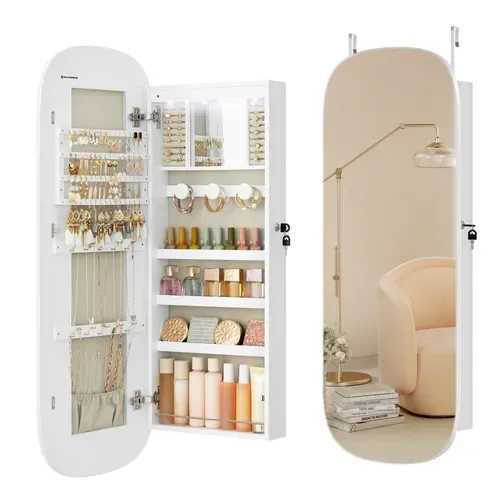 Armoire à Bijoux, Miroir Mural Avec LED Et Serrure, Surface Blanche Et Doublure Grise Beige