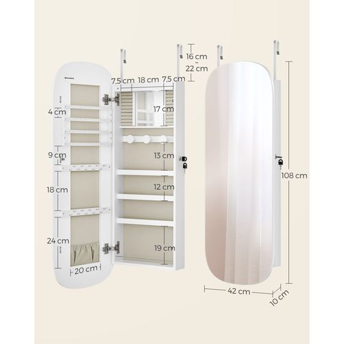 Armoire à Bijoux, Miroir Mural Avec LED Et Serrure, Surface Blanche Et Doublure Grise Beige