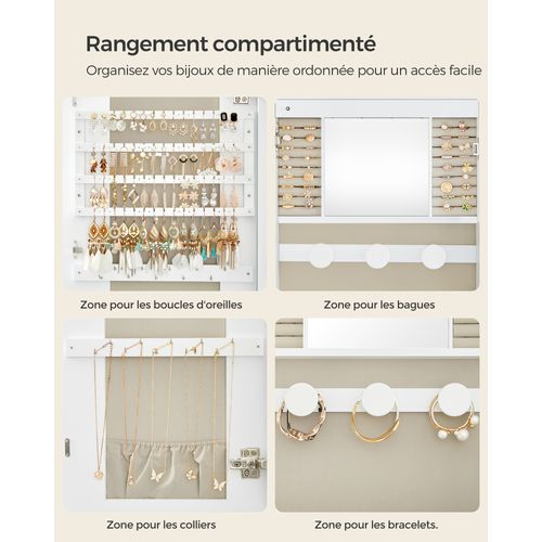 Armoire à Bijoux, Miroir Mural Avec LED Et Serrure, Surface Blanche Et Doublure Grise Beige