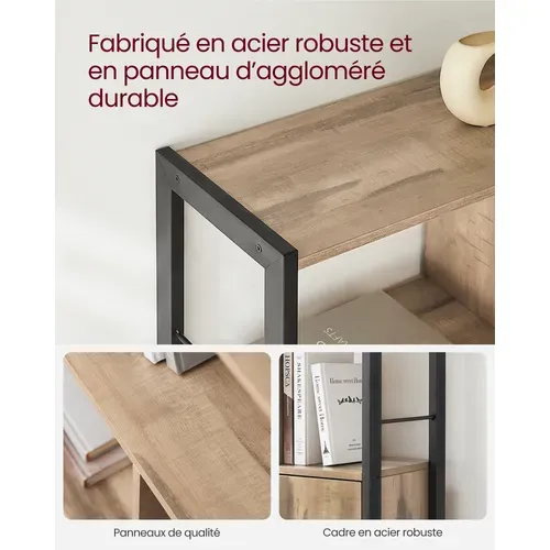 Étagère, Bibliothèque à 4 Niveaux, Avec Portes, Grand, Cadre En Acier, Marron Boisé Et Noir