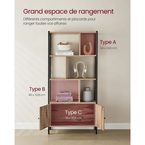 Étagère, Bibliothèque à 4 Niveaux, Avec Portes, Grand, Cadre En Acier, Marron Boisé Et Noir