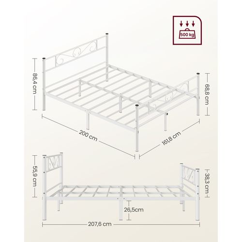 Lit 160 X 200 Cm, Structure De Lit En Métal, Montage Facile, Blanc